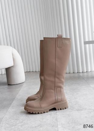 Бежеві натуральні шкіряні зимові чоботи труби на товстій підошві євро зима європейки шкіра беж
