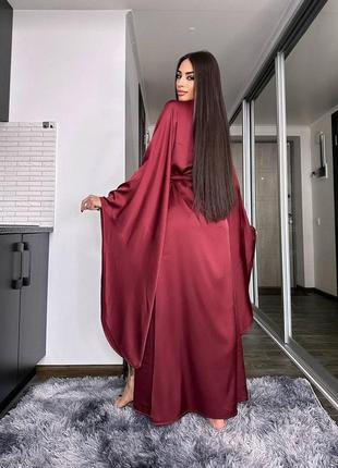 Женский роскошный длинный бордовый шелковый халат кимоно на запах с длинными рукавами3 фото