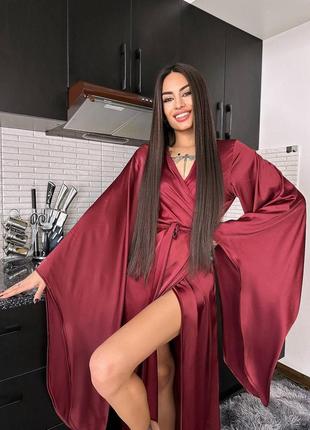 Женский роскошный длинный бордовый шелковый халат кимоно на запах с длинными рукавами2 фото