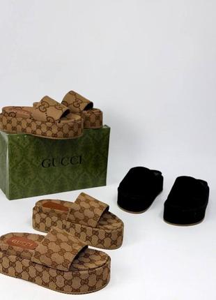 ▪️шльопанці+коробка стиль gucci жіночі коричневі руді рижі шльопки слайдери сланці сабо босоніжки висока танкетка платформа текстиль текстильні принт6 фото