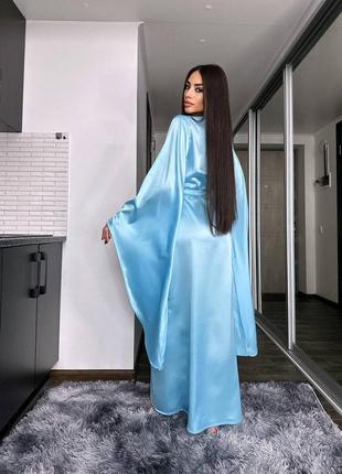 Женский роскошный длинный голубой шелковый халат кимоно на запах с длинными рукавами3 фото