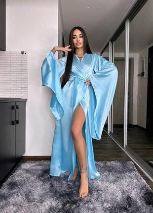 Женский роскошный длинный голубой шелковый халат кимоно на запах с длинными рукавами5 фото
