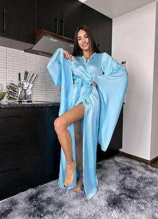Женский роскошный длинный голубой шелковый халат кимоно на запах с длинными рукавами8 фото
