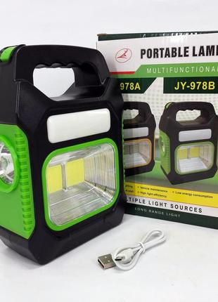 Портативний ліхтар лампа jy-978b акумуляторний із сонячною панеллю + power bank. колір: зелений1 фото