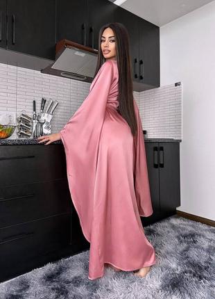 Женский роскошный длинный розовый шелковый халат кимоно на запах с длинными рукавами9 фото