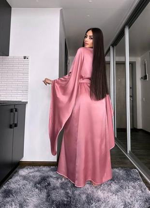 Женский роскошный длинный розовый шелковый халат кимоно на запах с длинными рукавами2 фото