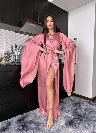 Женский роскошный длинный розовый шелковый халат кимоно на запах с длинными рукавами3 фото