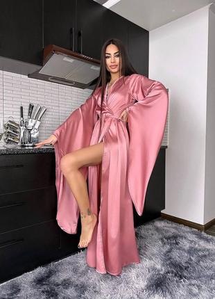 Женский роскошный длинный розовый шелковый халат кимоно на запах с длинными рукавами7 фото