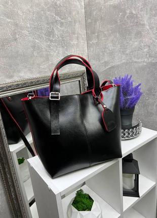 Черная с красным – без логотипа - стильная большая сумка, дорогой турецкий материал (0217)4 фото