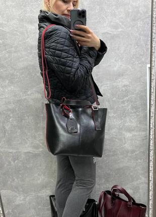 Черная с красным – без логотипа - стильная большая сумка, дорогой турецкий материал (0217)3 фото