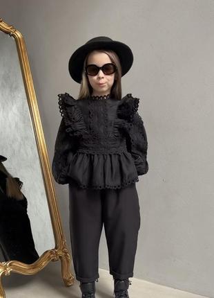🖤блузка чорна з рюшами з мереживом довгий рукав