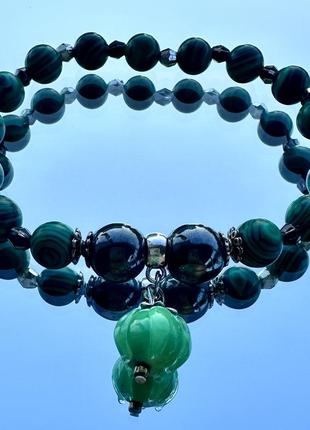 Браслет из зеленого малахита и гематита