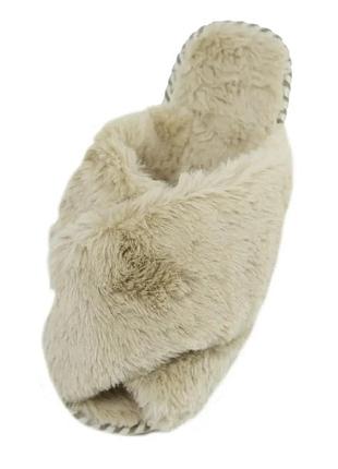 Тапочки меховые бежевые женские с открытым носком навхрест теплые бежевого цвета 39