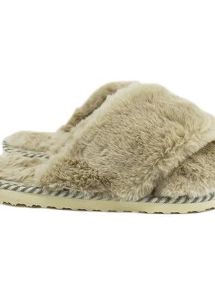 Тапочки меховые бежевые женские с открытым носком навхрест теплые бежевого цвета 39