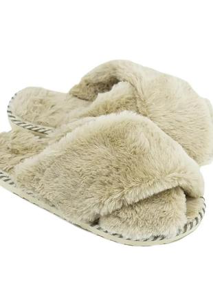 Женские комнатные тапочки теплые с открытым носком навхрест бежевого цвета 38