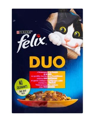 Вологий корм для кішок purina felix fantastic duo з яловичиною та птицею шматочки в желе 85 г (7613287027597)