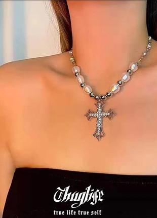 Колье ожерелье чокер с подвеской крест