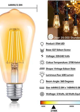 Винтажная лампочка эдисона pindows 6 вт, светодиодная лампа эдисона e27, теплый белый...