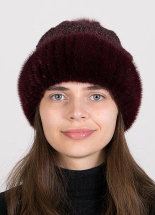 Женская вязаная шапка с мехом норки и меховым песцовым помпоном