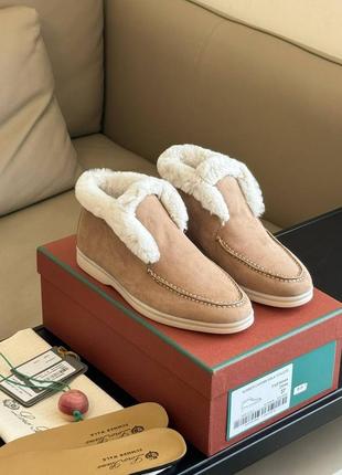 Лоферы с мехом кашемировые бежевые зимние стиль loro piana