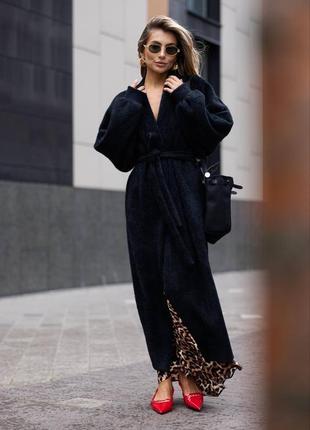 Женский теплый длинный черный кардиган