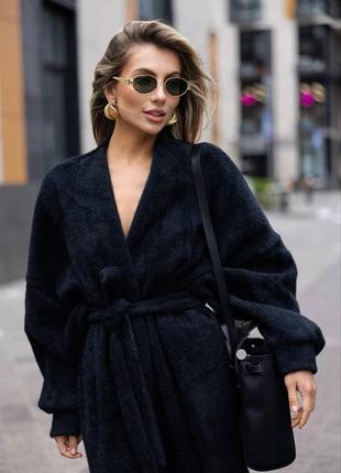 Женский теплый длинный черный кардиган