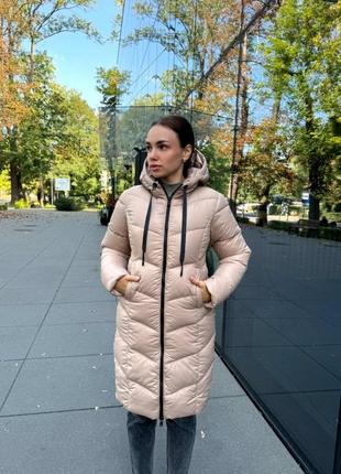 Пуховик зима беж до -15 кофе длинный с капюшоном