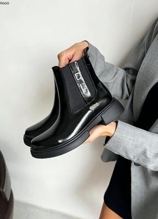 Ботинки, черные, натуральная лакированная кожа, деми/ зима