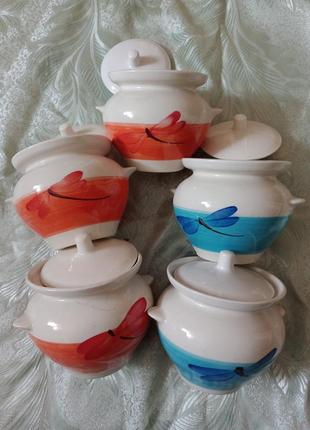 Формы горшки для запекания расписные роспись стрекоза керамические в винтажном стиле.