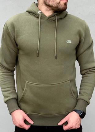 Зимняя мужская теплая толстовка худи на флисе хаки lacoste