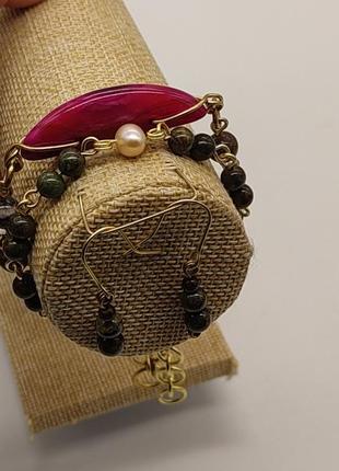 Комплект "цветок лотоса" из 2 браслетов и сережек из агата, яшмы, жемчужины. браслет из натурального камня3 фото