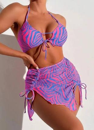 Стильный купальник-тройка с ярким принтом s,м,l