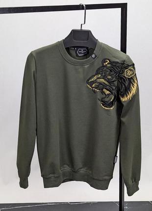 Хакі чоловічий світшот з принтом в стилі philipp plein