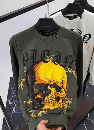 Хакі чоловічий світшот з принтом в стилі philipp plein