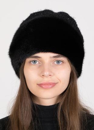 Трикотажна жіноча шапка з натуральним хутром норки