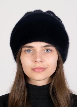 Трикотажная женская шапка с натуральный мехом норки