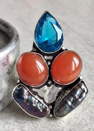 Індия, каблучка мікс з сердоликами, перлами бива та кварцем, р.17,5