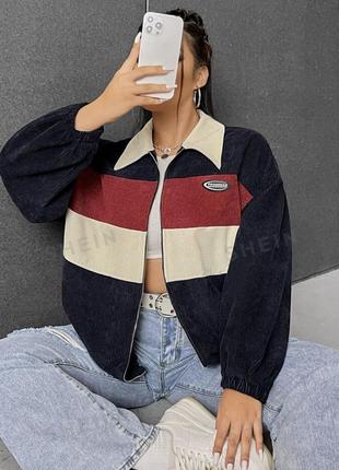 Жакет shein ezwear colorblock letter patched detail drop shoulder corduroy jacket1 фото