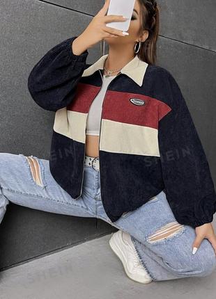 Жакет shein ezwear colorblock letter patched detail drop shoulder corduroy jacket5 фото