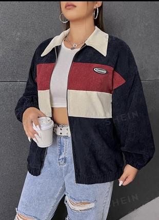 Жакет shein ezwear colorblock letter patched detail drop shoulder corduroy jacket3 фото