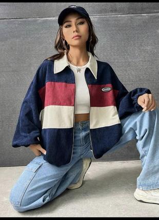 Жакет shein ezwear colorblock letter patched detail drop shoulder corduroy jacket6 фото