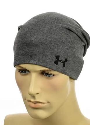 Чоловіча трикотажна шапка з патчем, без утеплювача, сірий колір 56-58 р.