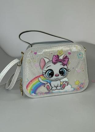 Сумочка дитяча для дівчинки лакова з плаваючими блискітками з ремінцем зєдиноріг рожева 18х15х6 см