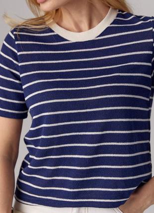 Льняна в'язана жіноча футболка у смужку в стилі old money синя2 фото