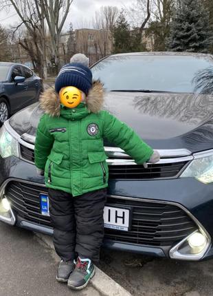 Куртка зимняя флис зеленая натуральный мех 104 см на 4 года