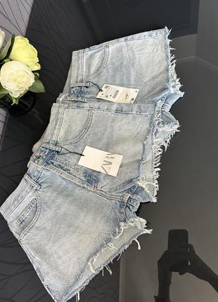 Шорты zara, джинсовые шорты zara со стразами,  mid-rise trf denim shorts8 фото