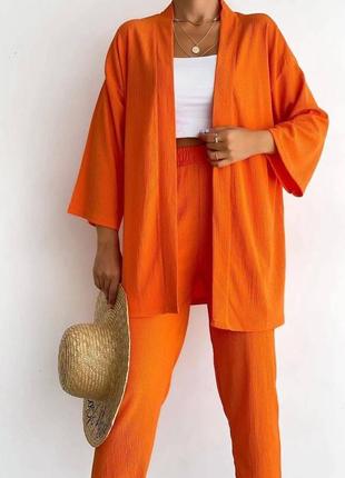 Костюм женский летний оверсайз кардиган брюки с карманами качественный стильный малиновый оранжевый