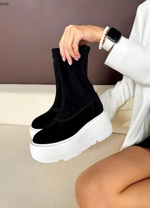 Код 9535 🍂деми. ботинки замшевые на платформе со стрейчевым верхом черные