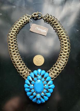Natasha голубые стразы золотистое массивное колье