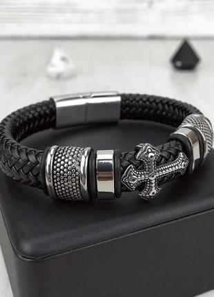 Мужской кожаный браслет с серебряными стальными вставками крест черный